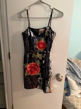 Black Sequin Mini Dress with Red Floral Appliqué